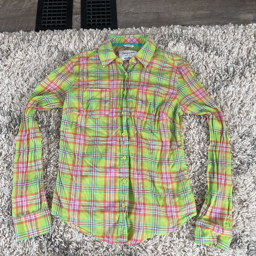 Aeropostale‎ Eighty-Seven Plaid Button Up Shirt Lime Green Orange Purple Medium
